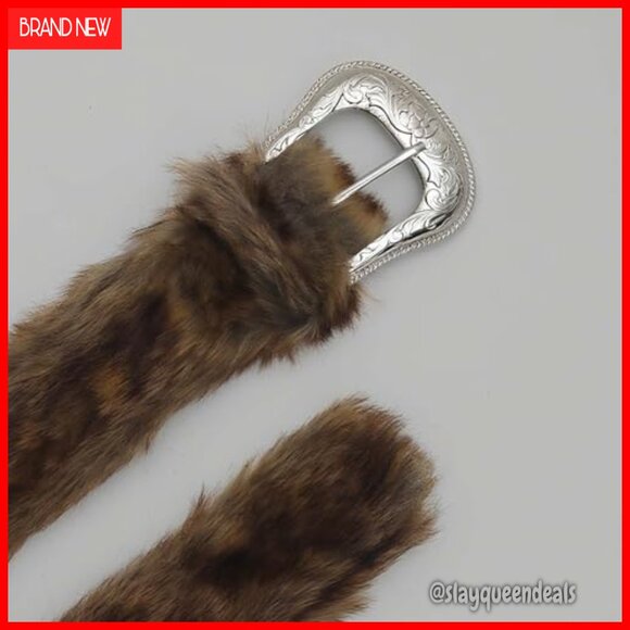 Adjustable Faux Fur Belt Western Style Leather Waist Belt 31-41 Inches main image 6